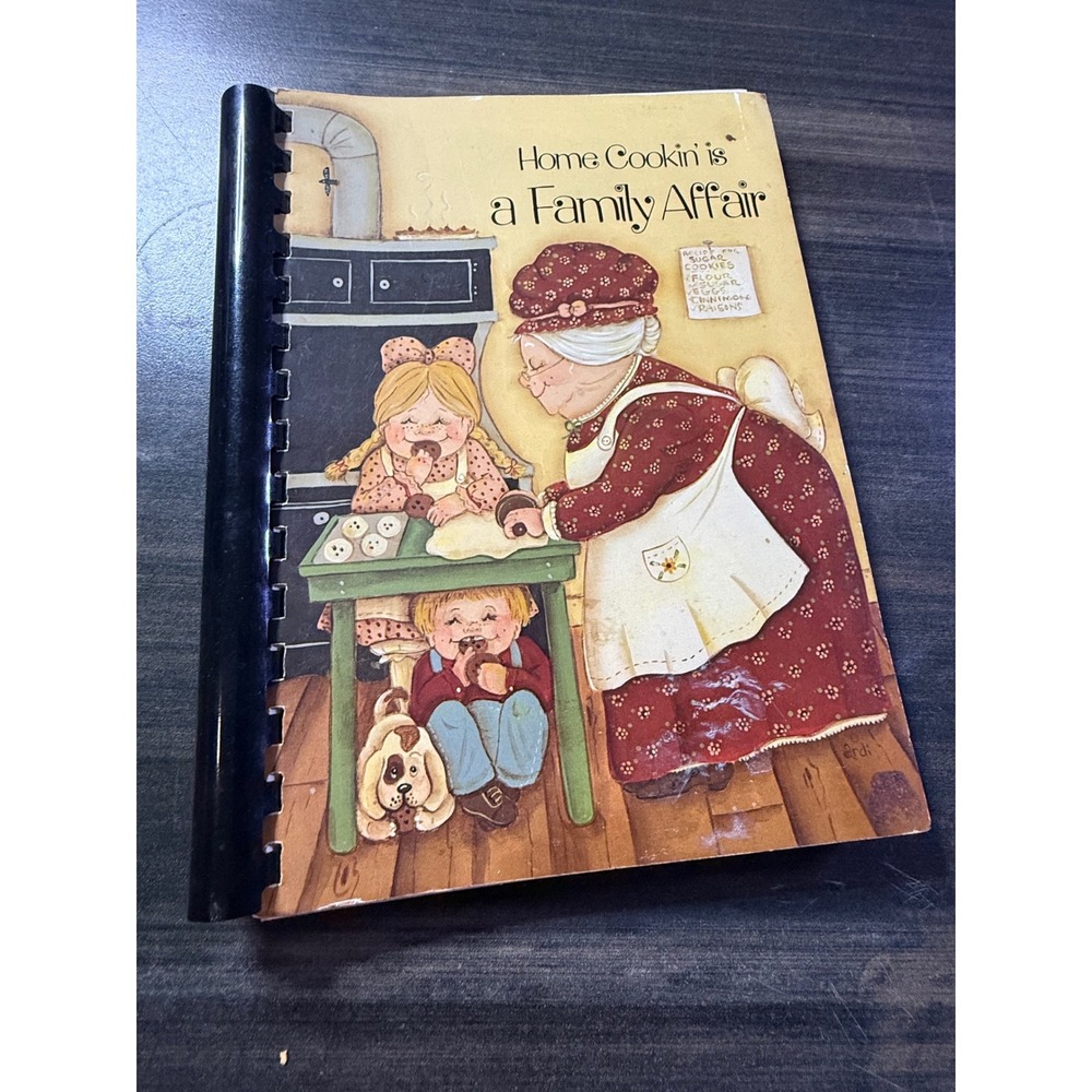 Home Cookin is a Family Affair Vintage Spiral Bound Cookbook Ferdi Illustration